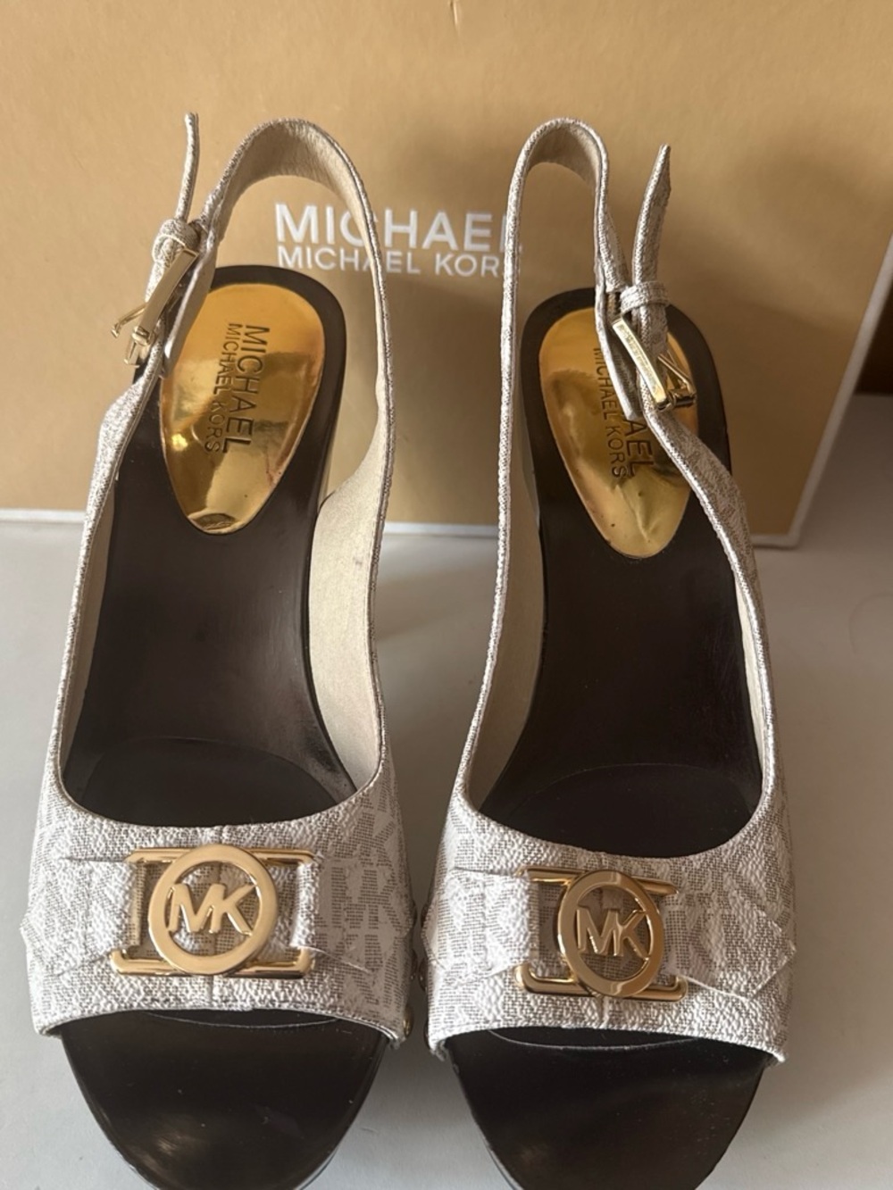 Michael Kors Beige and Gold Logo Slingback Heels